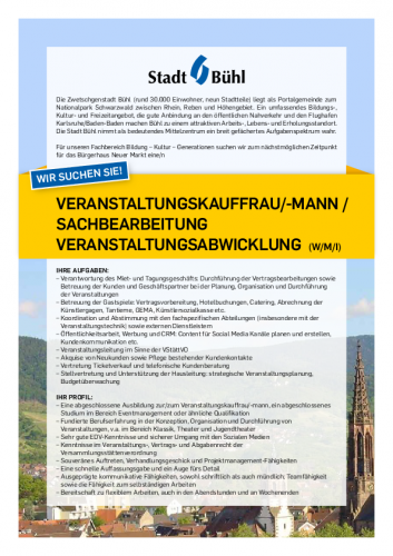 Stellenausschreibung Veranstaltungsabwicklung Stellenausschreibung Veranstaltungsabwicklung